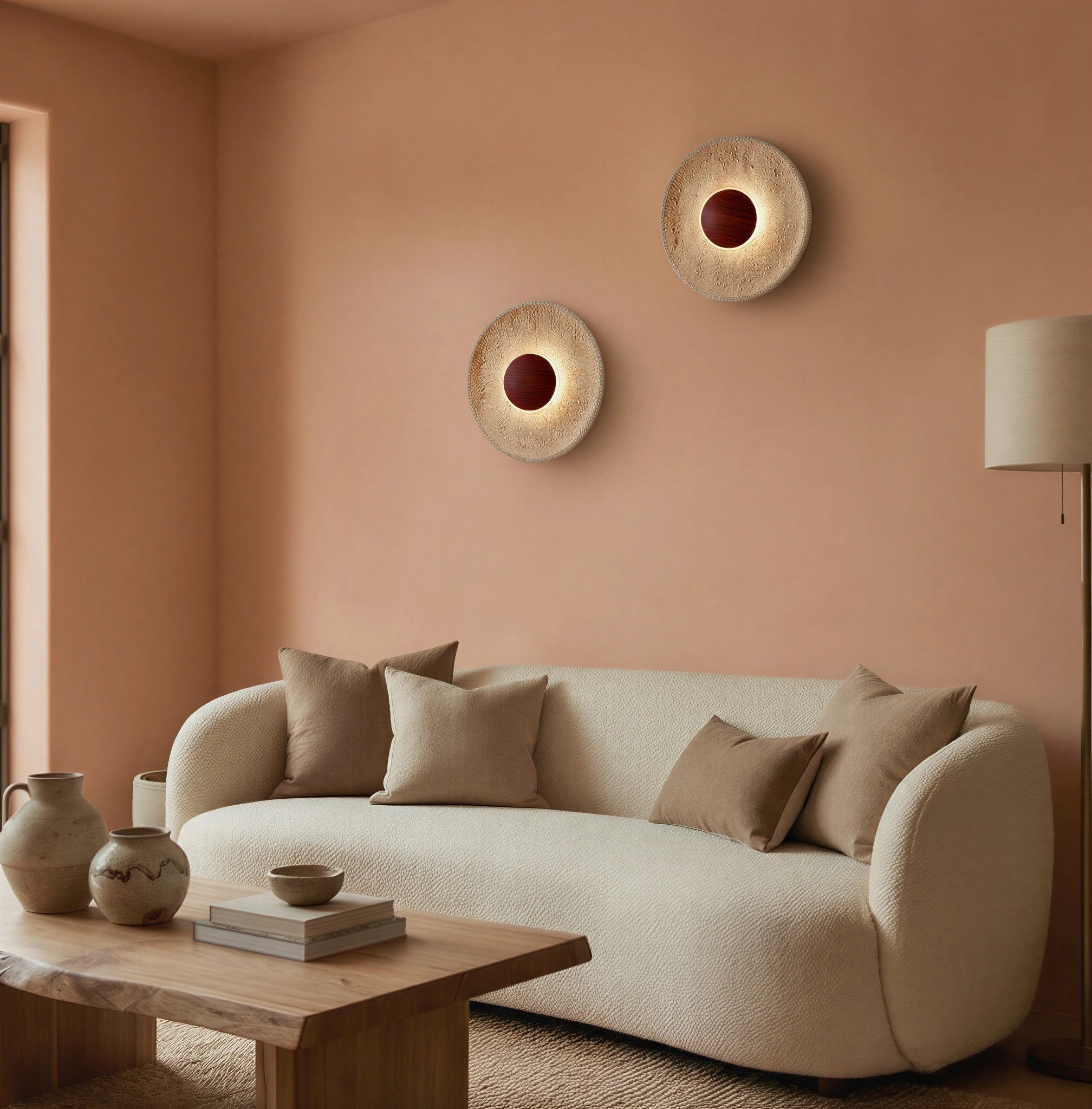 Applique murale ronde Japandi en travertin et bois foncé | Lykke